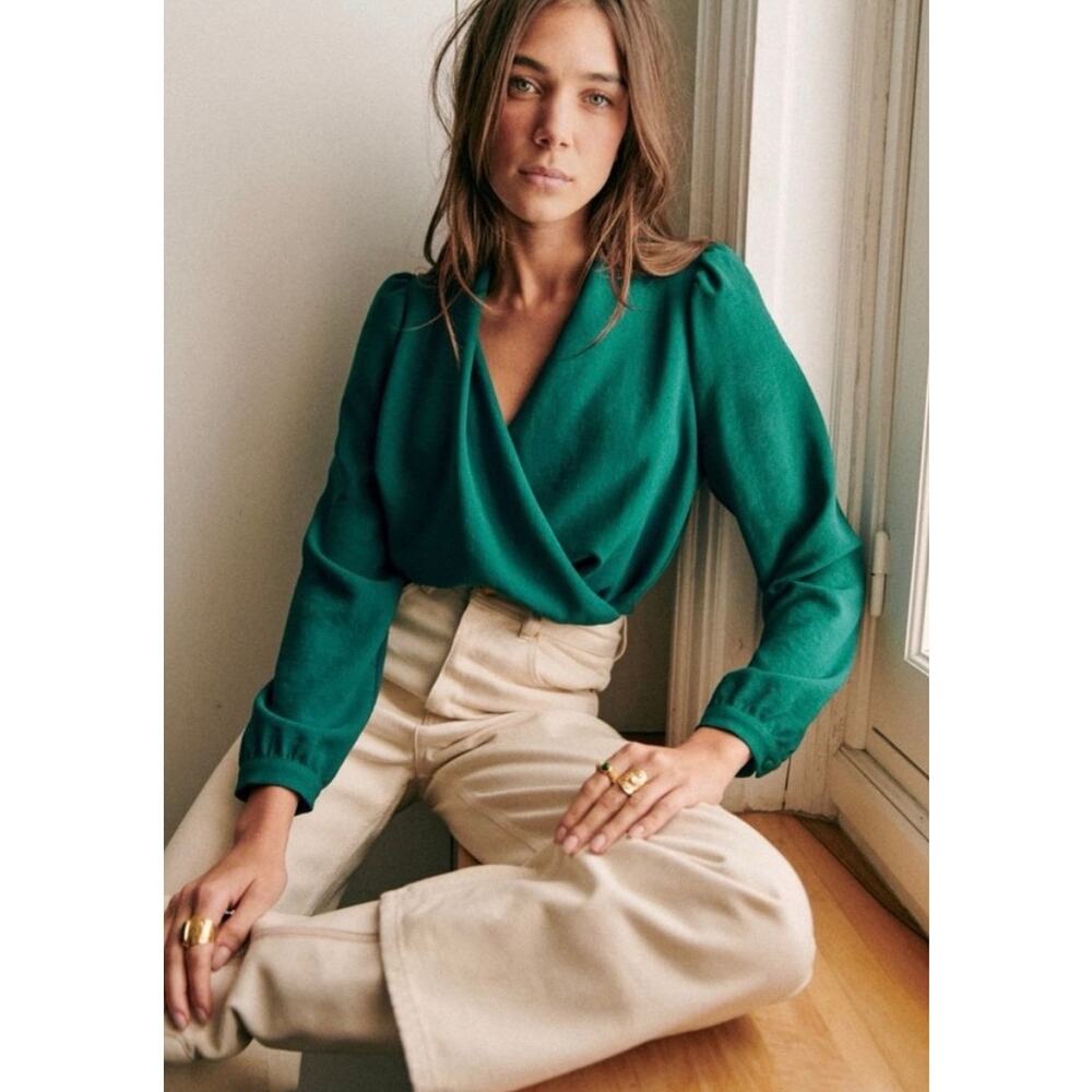 Sezane Abelia Blouse Faux Wrap Top Green Size 46 US 14